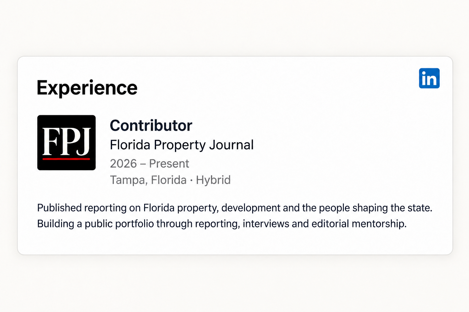Example LinkedIn Experience entry listing Contributor at Florida Property Journal